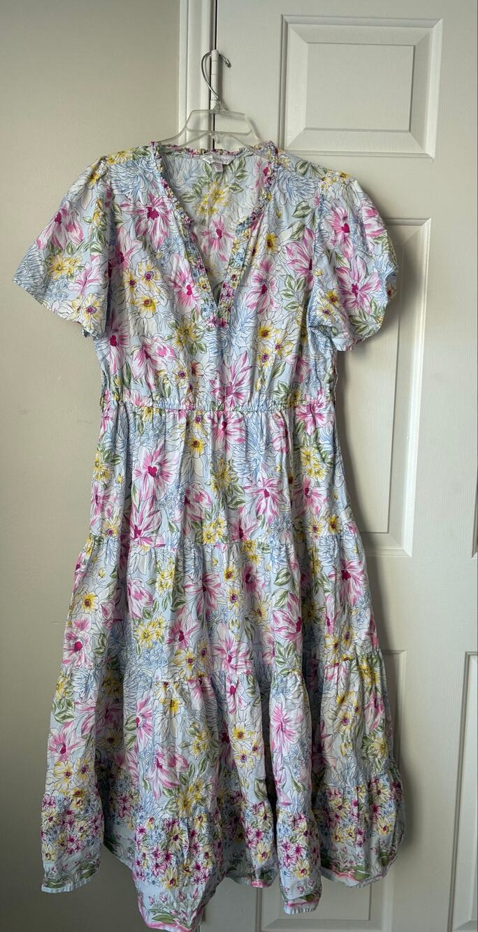 Floral Cotton Tiered Midi Dress Women XL Pastel Pink Blue Smocked Flutter Sleeve